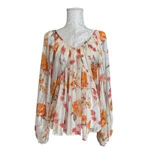 Bucket List Sheer Pleated Metallic Blouse Medium